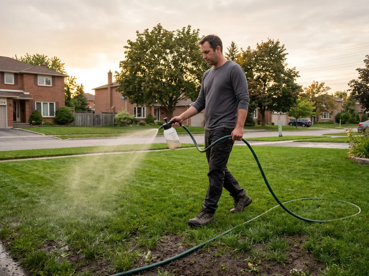 Homeowner applying beneficial nematodes to a GTA lawn with a hose-end sprayer in early evening light