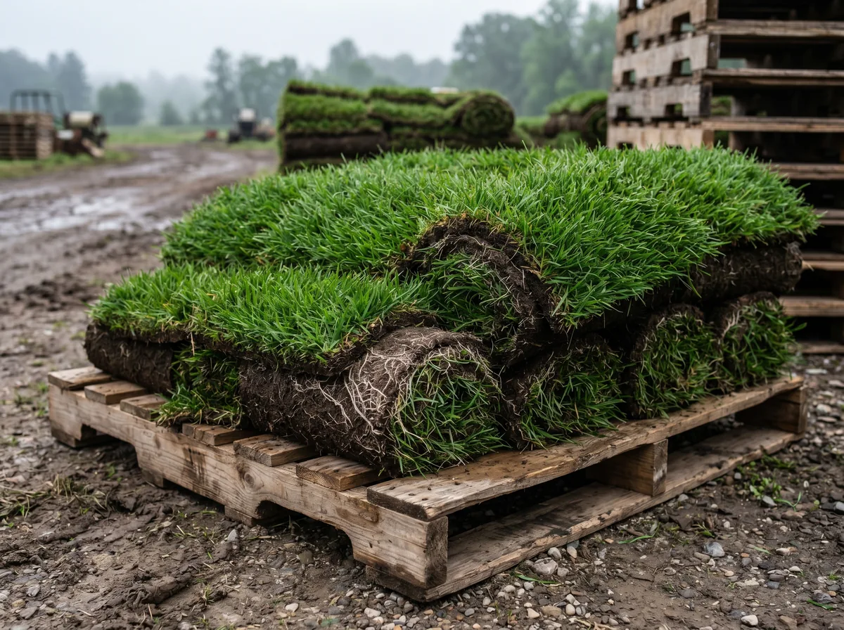 Close-up of freshly cut sod rolls on a pallet showing healthy green blade and root mat