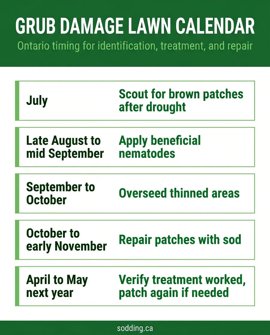 Grub damage lawn seasonal calendar infographic showing Ontario timing for scouting, nematode treatment, overseeding, and sod repair
