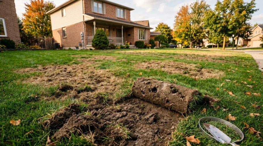Residential Ontario front lawn showing brown grub damage patches and a raccoon torn-up section exposing soil
