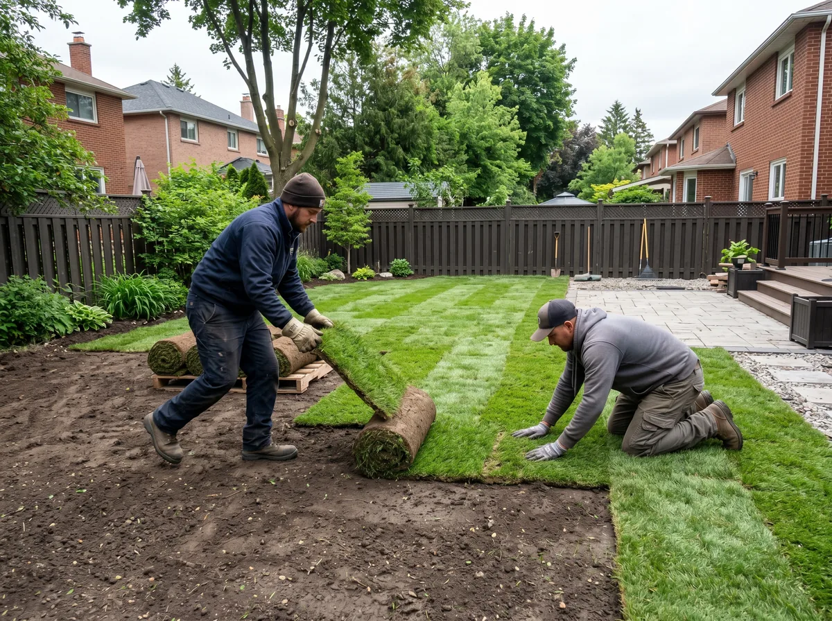 Two landscapers installing sod rolls on a prepared Toronto backyard