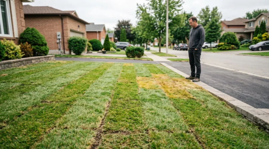 Two week old sod lawn on a GTA front yard showing green patches with yellowing areas where rooting failed
