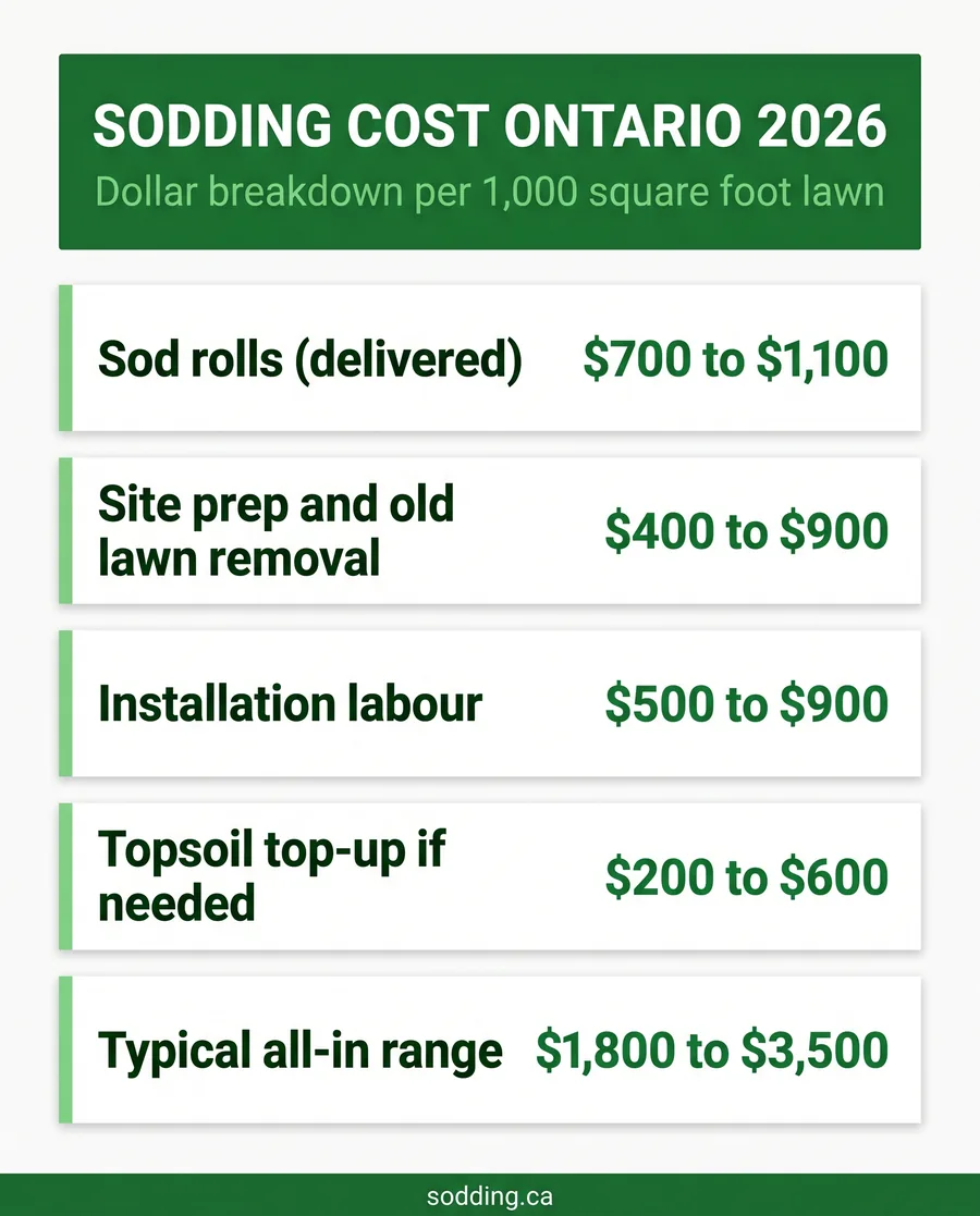 Sodding cost Ontario 2026 infographic breaking down sod, prep, labour, and topsoil per 1000 square feet