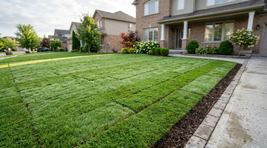 Freshly installed sod lawn on a GTA suburban front yard showing straight seams and dew-damp turf