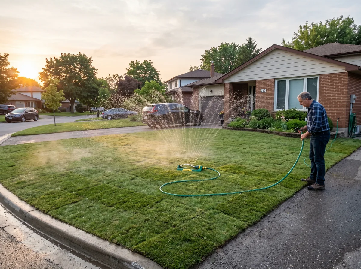 Early morning sprinkler watering new sod on a GTA residential front lawn