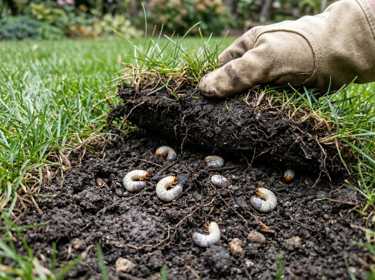 Close-up of white C-shaped grub larvae in the top 2 inches of soil beneath rolled-back lawn turf