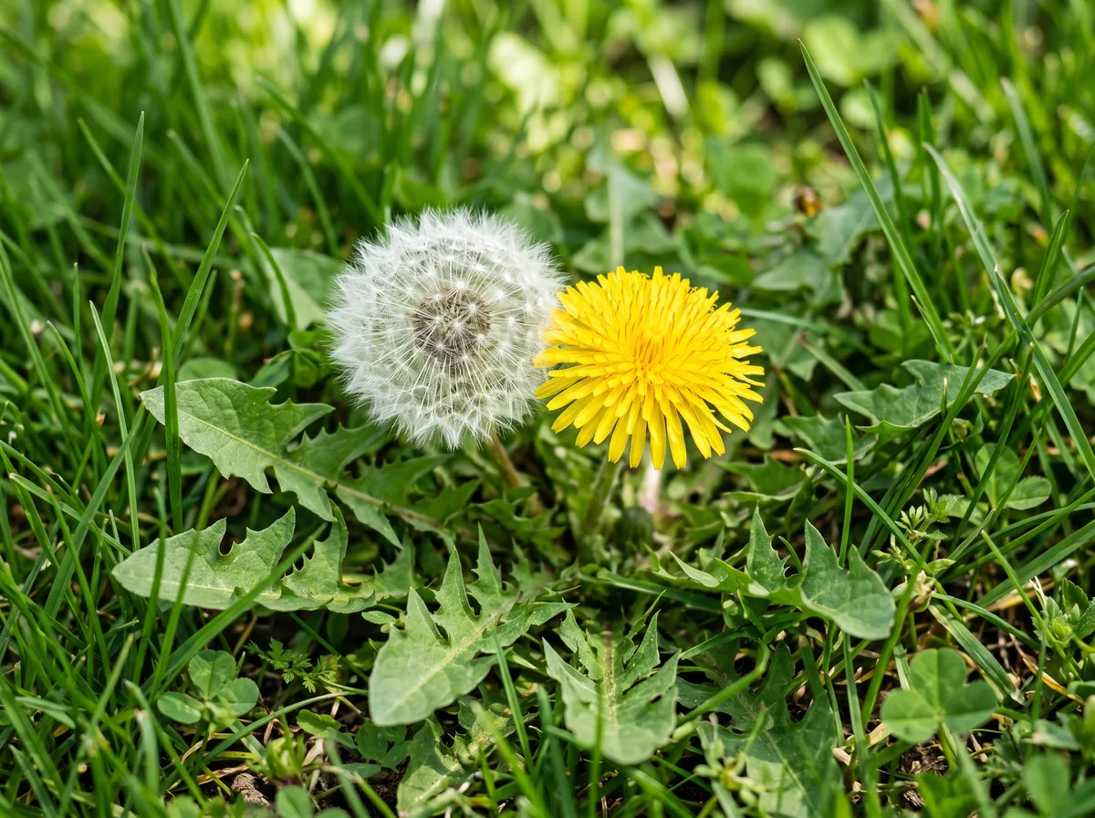 Side-by-side identification photos of dandelion and crabgrass in Ontario lawn