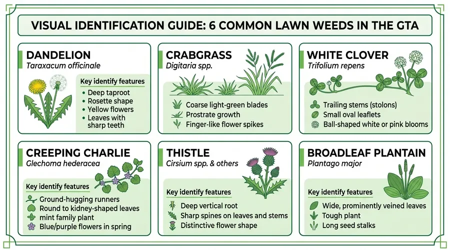 Infographic identifying 8 common lawn weeds in the GTA with identification tips and control methods