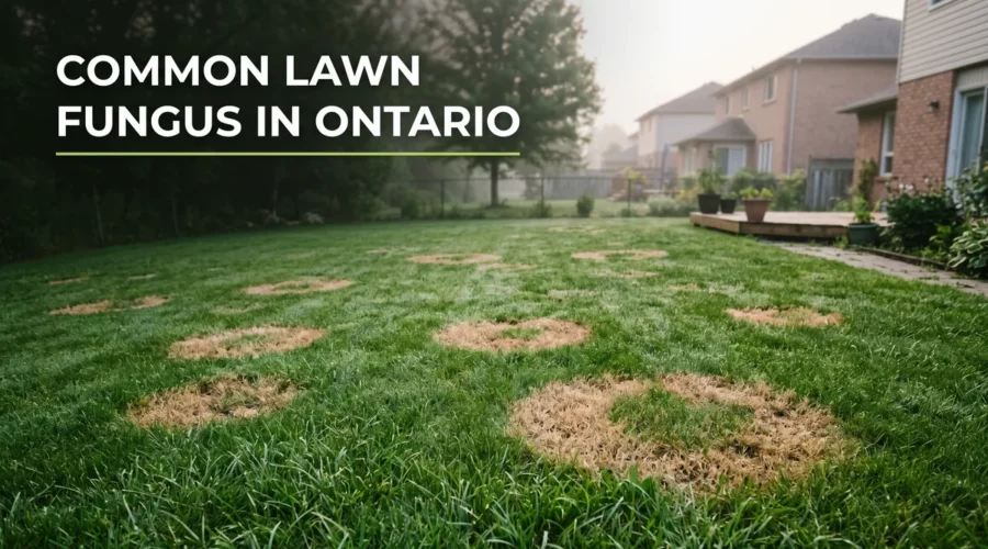 Common lawn fungus in Ontario, a green lawn with circular straw-coloured disease patches at dawn