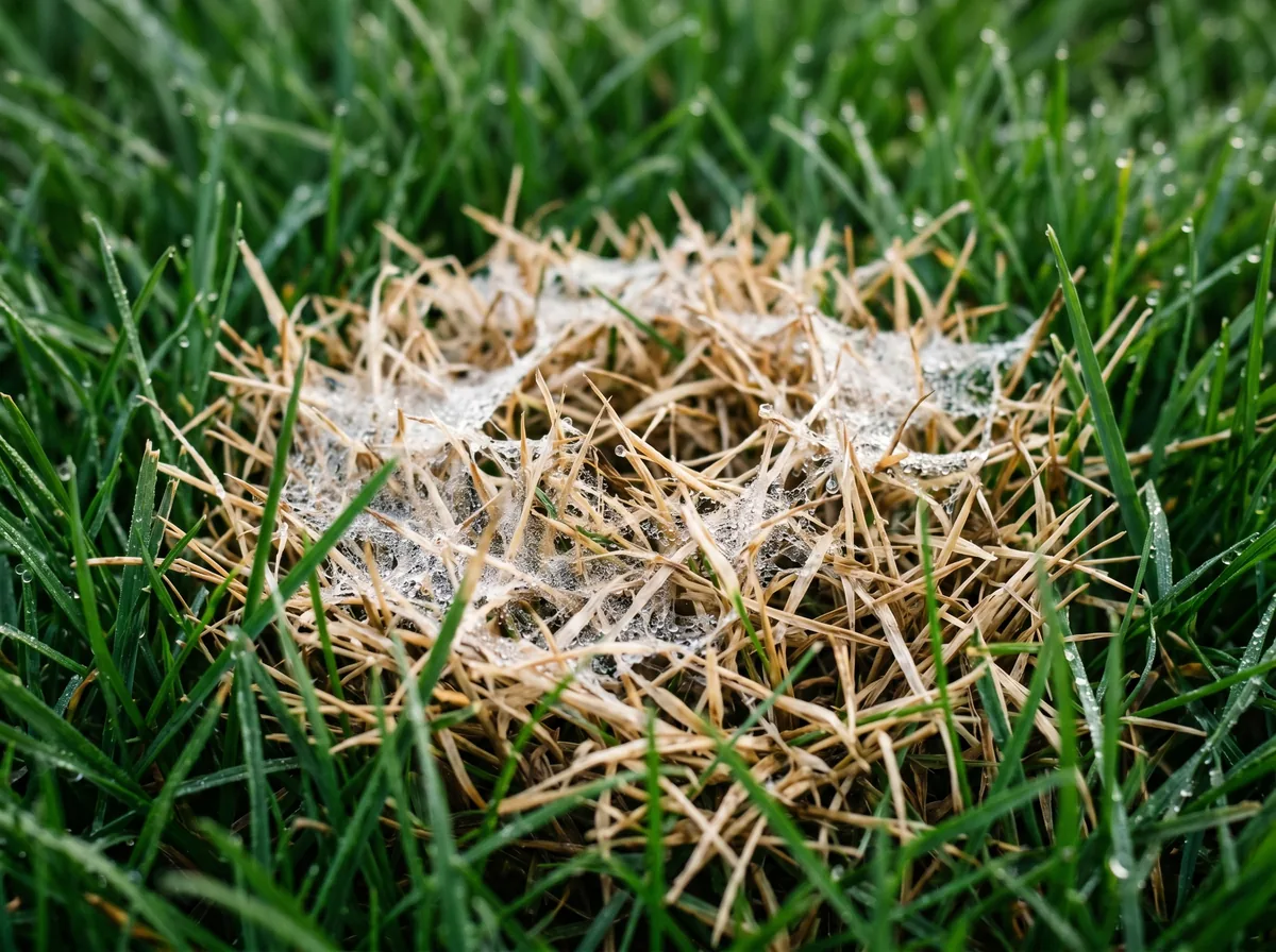 Close-up of a circular brown patch of lawn fungus with a faint white web of mycelium on the grass blades