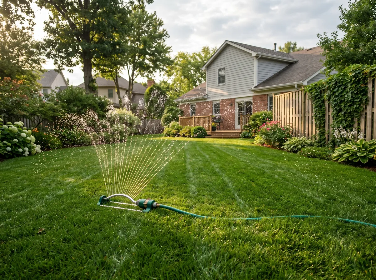 A homeowner watering a green lawn with a sprinkler in early morning light to manage fungus