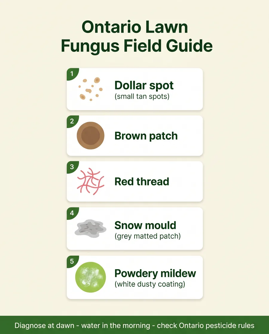 Infographic field guide to five common Ontario lawn fungi: dollar spot, brown patch, red thread, snow mould, powdery mildew
