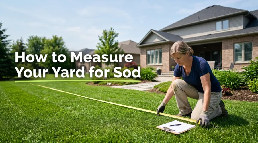 How to measure your yard for sod, a homeowner using a tape measure across a green backyard lawn