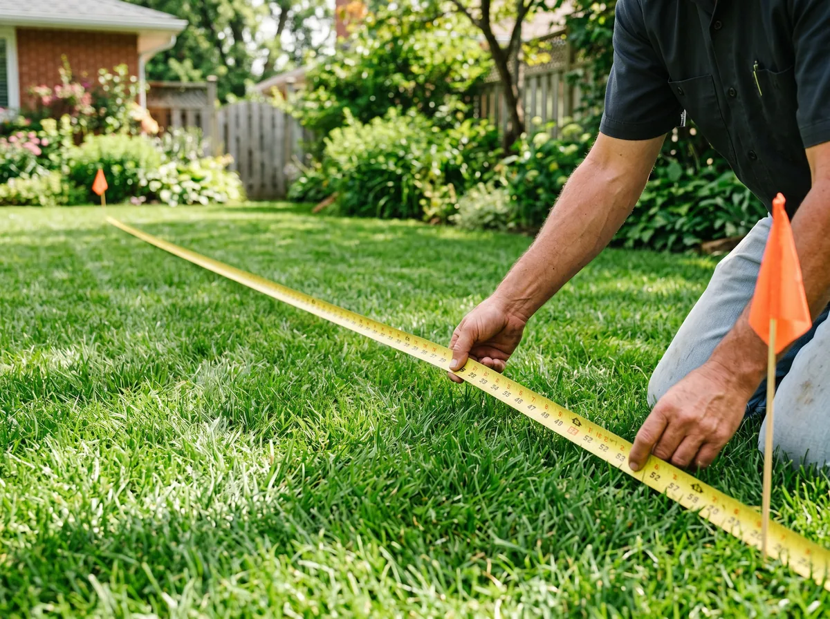 A homeowner using a long tape measure to measure the length of a backyard lawn area for sod