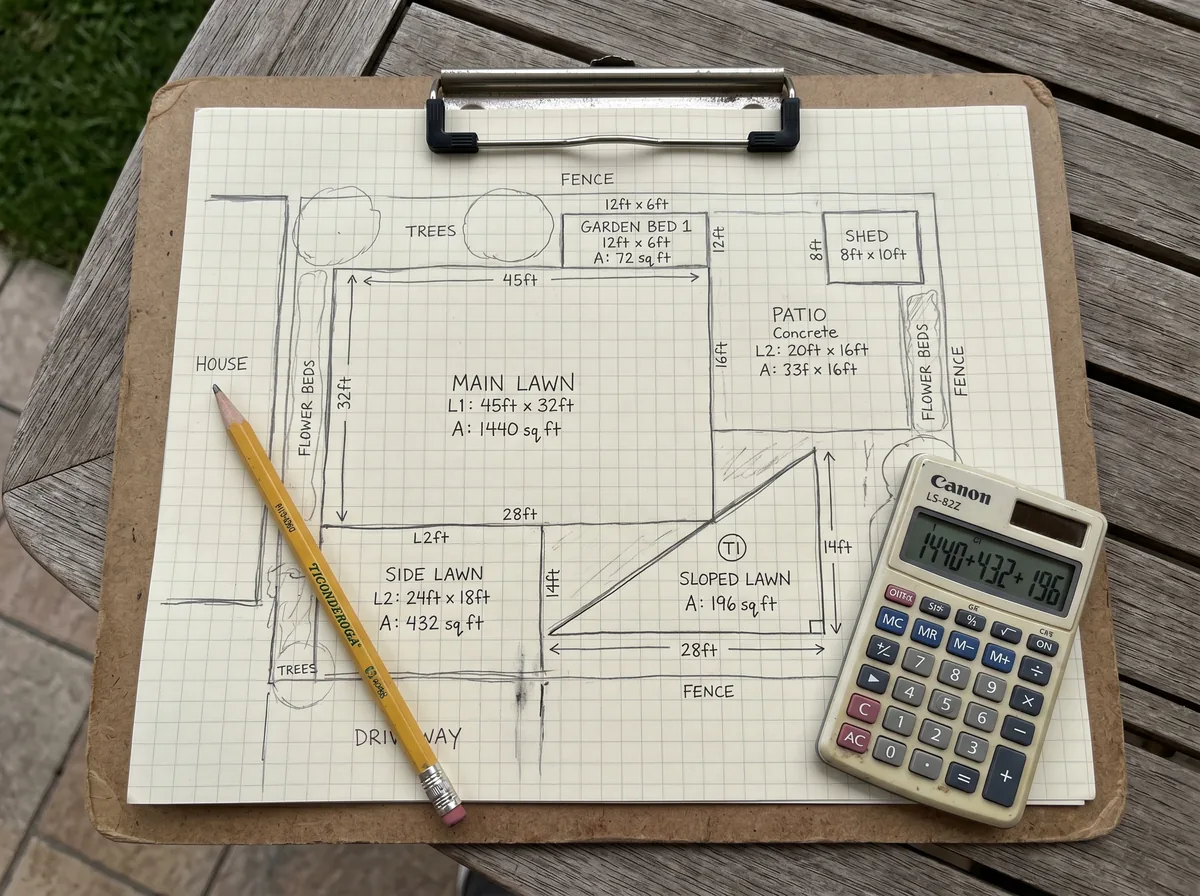 A hand-drawn yard sketch on paper divided into rectangles and a triangle with measurements written on each