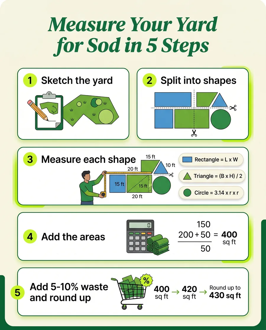 Infographic of the five steps to measure a yard for sod plus the rectangle, triangle, and circle area formulas