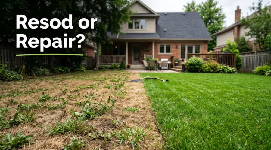 Signs your lawn needs resodding, a backyard split between healthy green grass and dead patchy turf