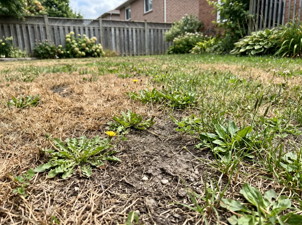 A patchy Ontario backyard lawn with large dead areas and bare soil next to thinning grass