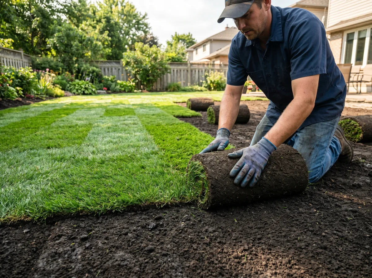Fresh rolls of green sod being laid over prepared dark soil in a GTA backyard