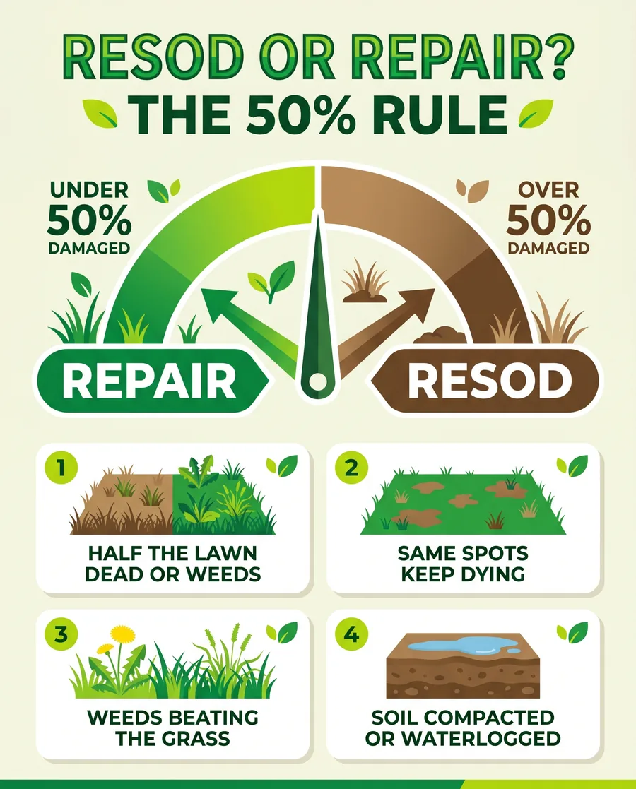 Infographic of the 50 percent rule and four signs a lawn needs resodding instead of repair
