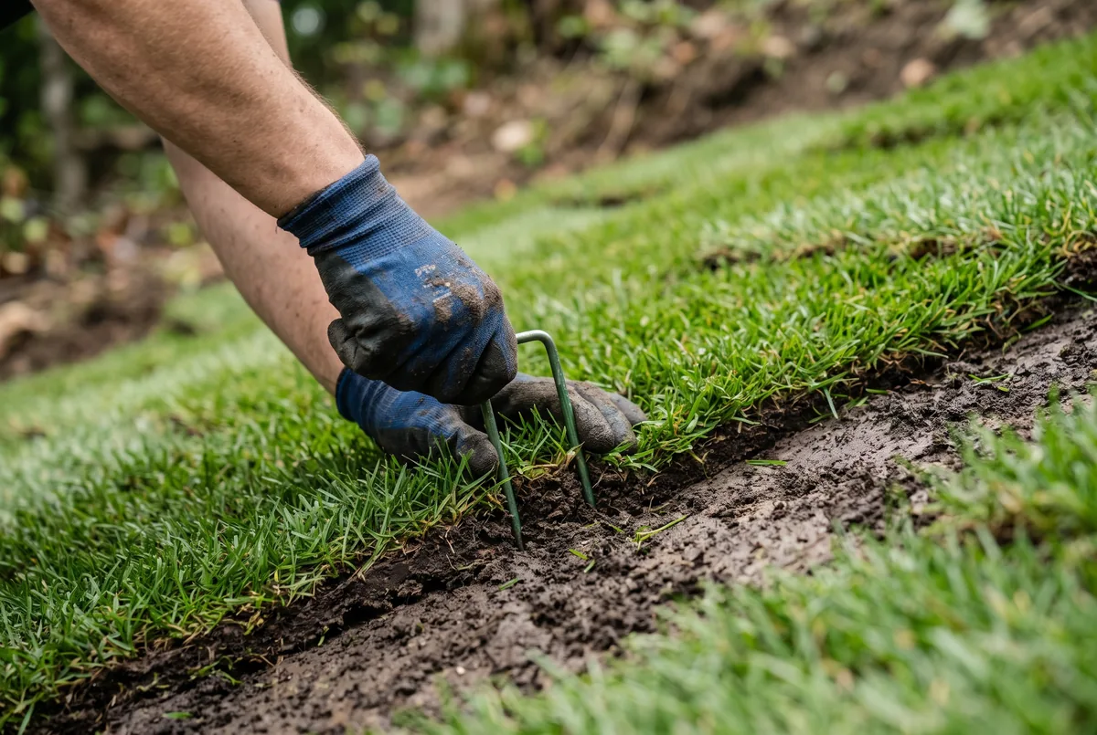 Biodegradable staples pinning sod to a sloped yard