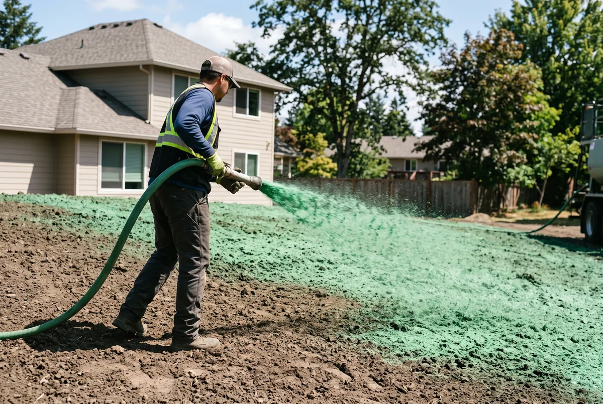 Worker spraying a green hydroseed slurry onto prepared soil