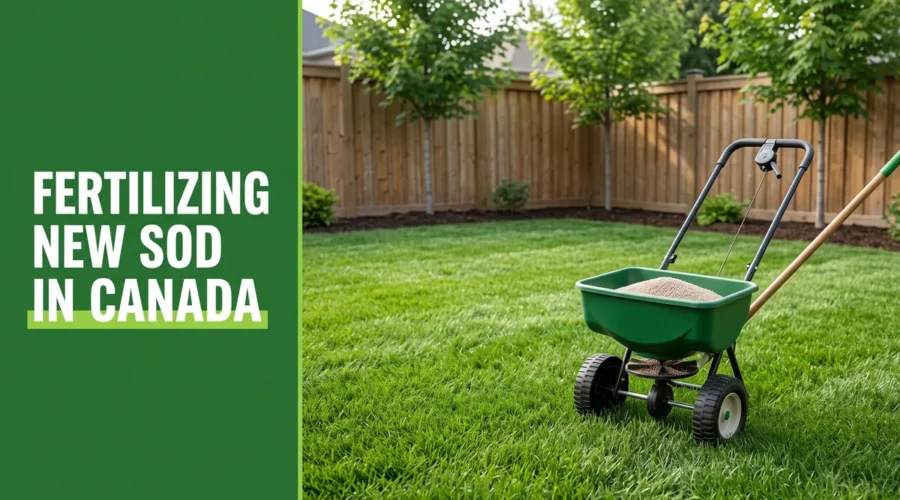 Broadcast spreader on a fresh green lawn illustrating fertilizing new sod in Canada
