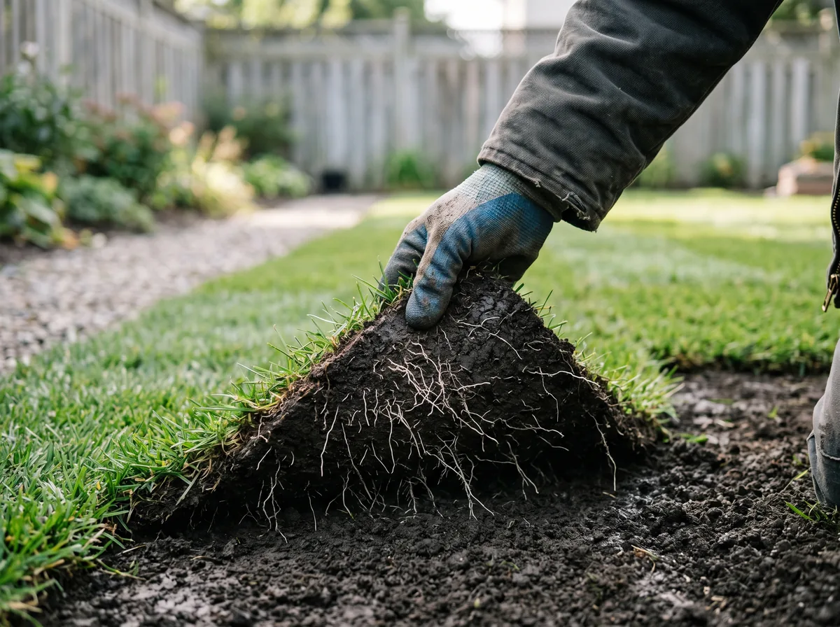 Gloved hand lifting a sod corner to check new roots before fertilizing new sod
