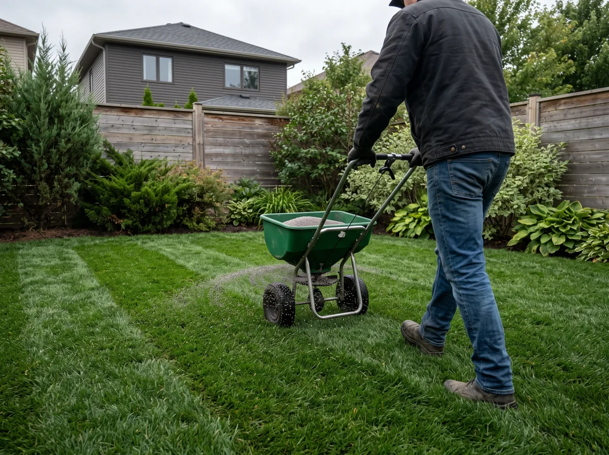 Broadcast spreader applying fertilizer evenly across a new sod lawn
