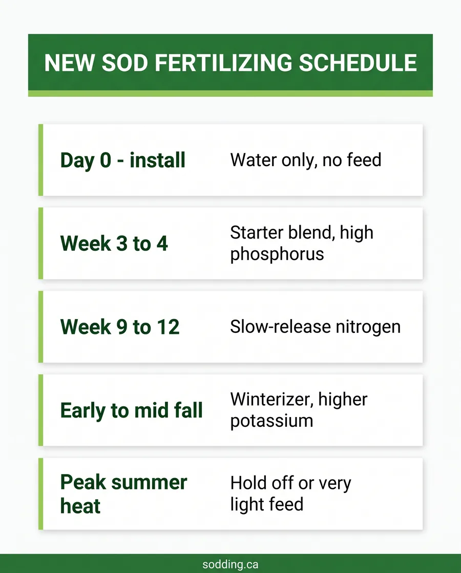 Card schedule showing when to fertilize new sod in Canada from install through fall