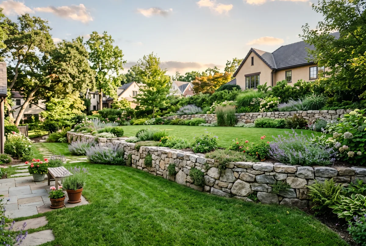 Terraced retaining walls creating flat lawn areas on a steep hill