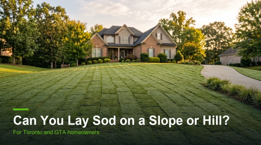 Fresh sod being laid on a sloped residential lawn in the GTA
