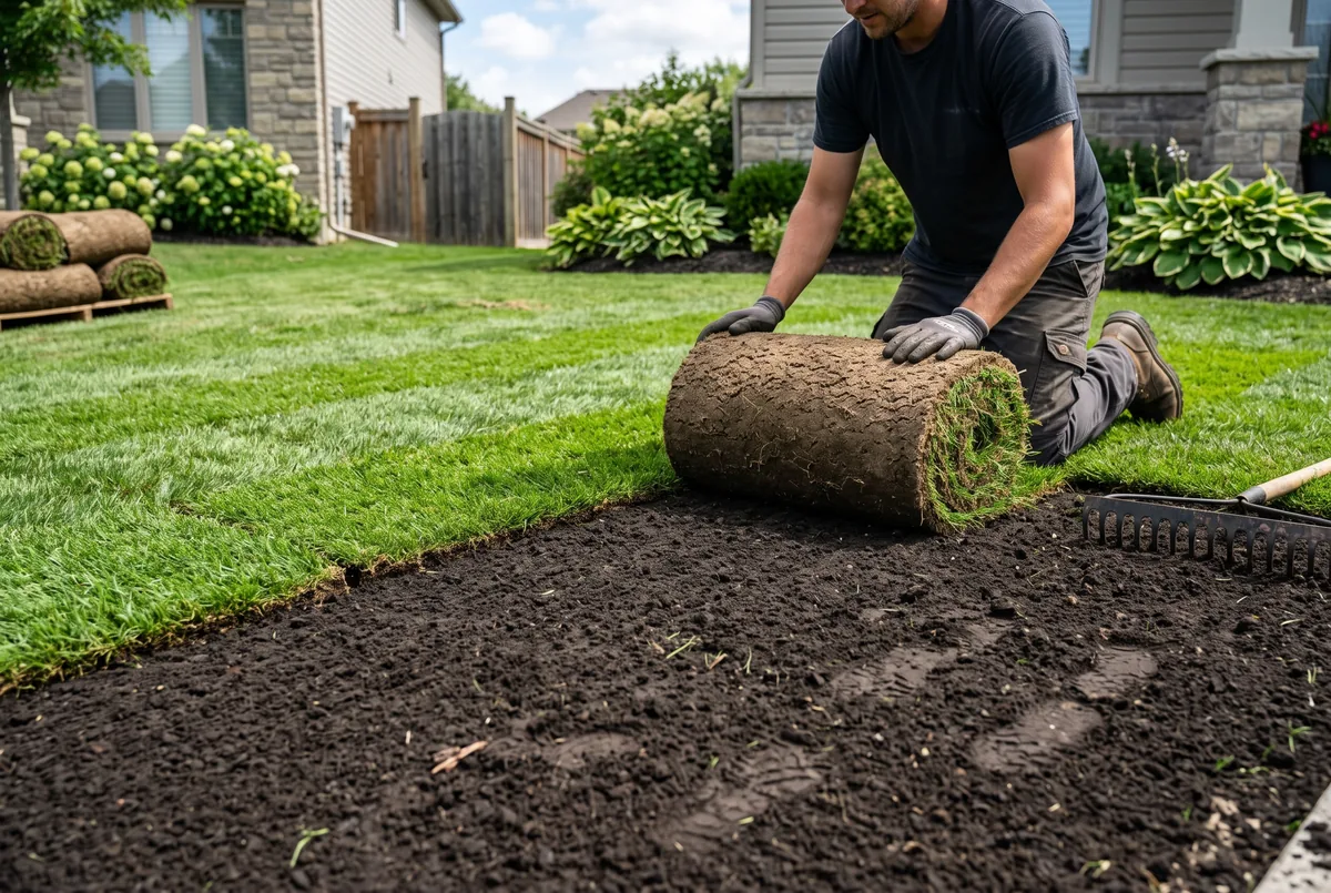 Finished sod lawn installed next to a house