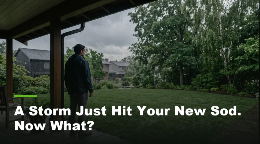 Homeowner watching steady rain fall on a freshly installed lawn from a covered porch