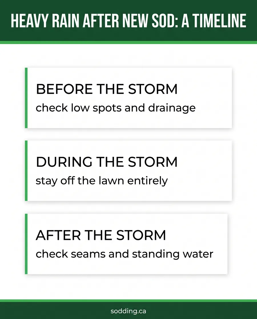Card graphic showing a timeline of what to do before, during and after heavy rain on new sod