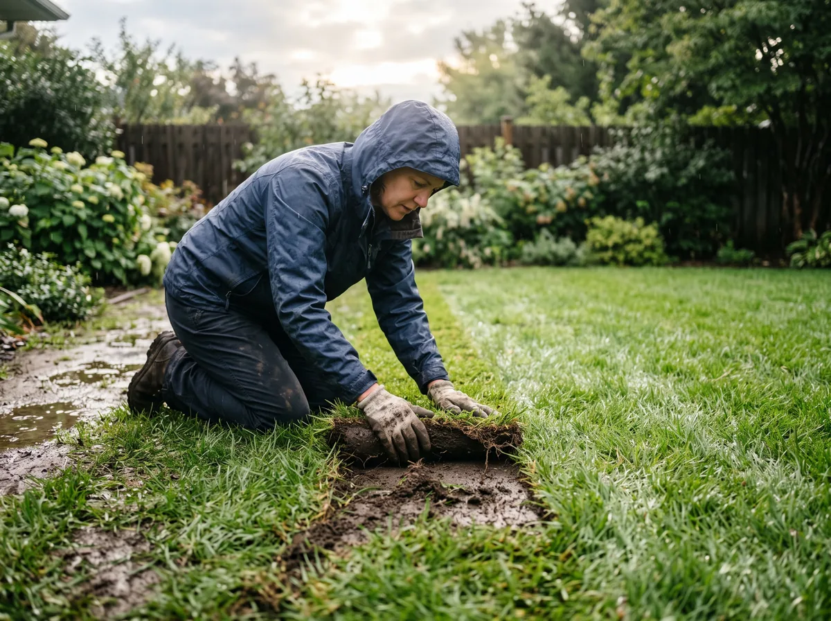 Homeowner pressing down a lifted section of sod along a seam the morning after a heavy overnight storm