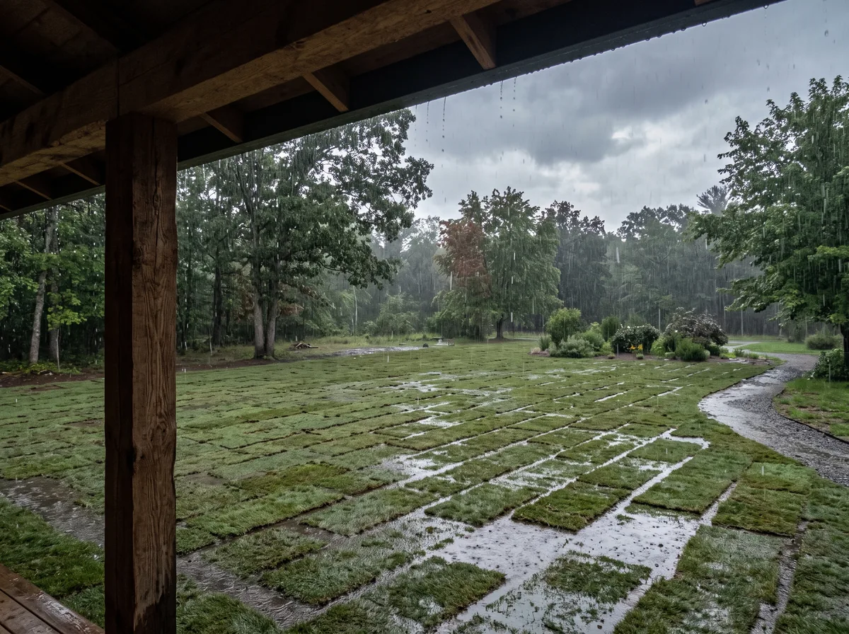 Rain falling steadily across a newly installed lawn with visible sod seams, viewed from a covered porch