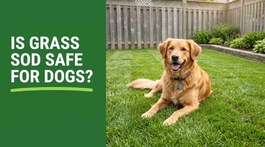 Happy dog resting on a healthy green lawn, illustrating whether grass sod is safe for dogs