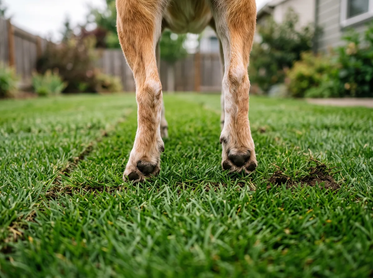 A dog's paws on freshly laid green sod with visible seams between the rolls