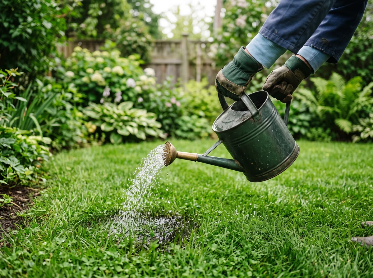 Rinsing a lawn spot with a watering can to dilute dog urine and prevent yellow patches