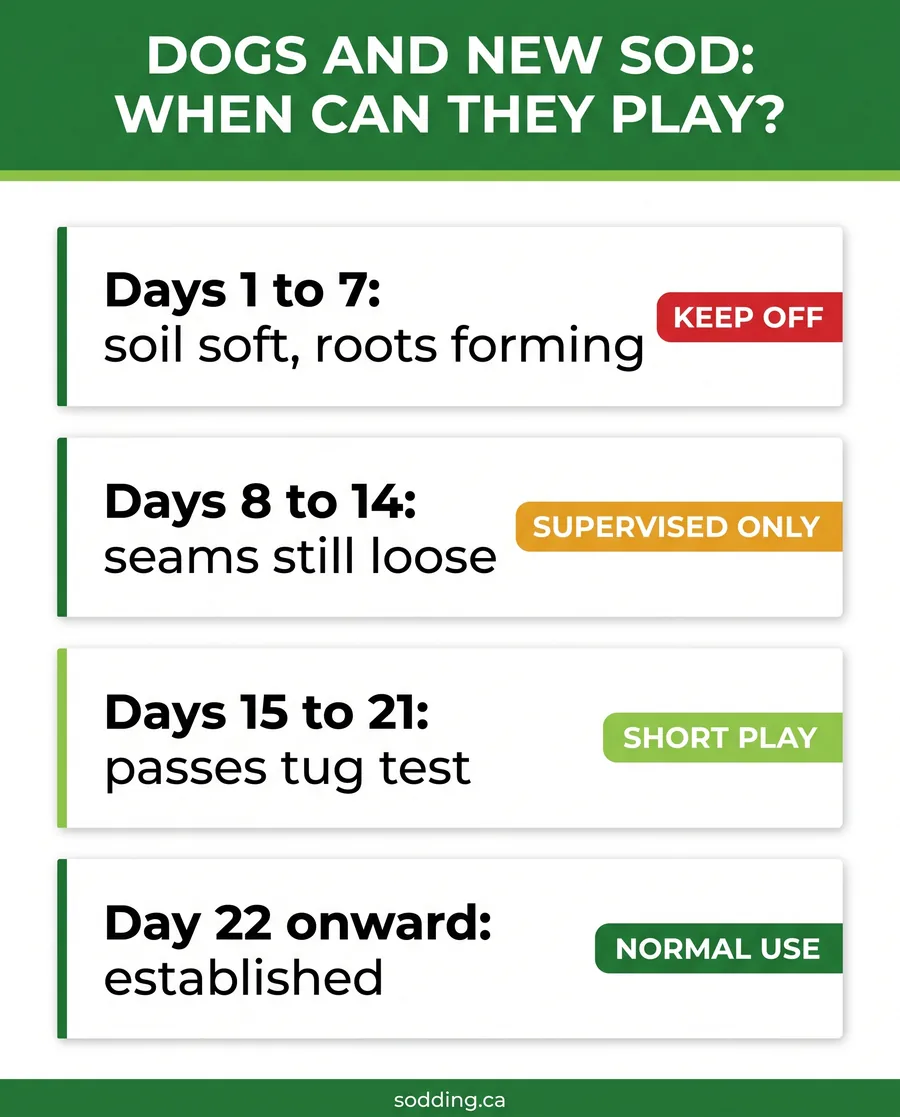 Card guide showing when dogs can use new sod by week, from keep off to normal use