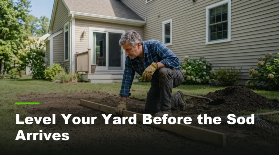 Homeowner checking a straightedge board across bare graded soil before sod installation