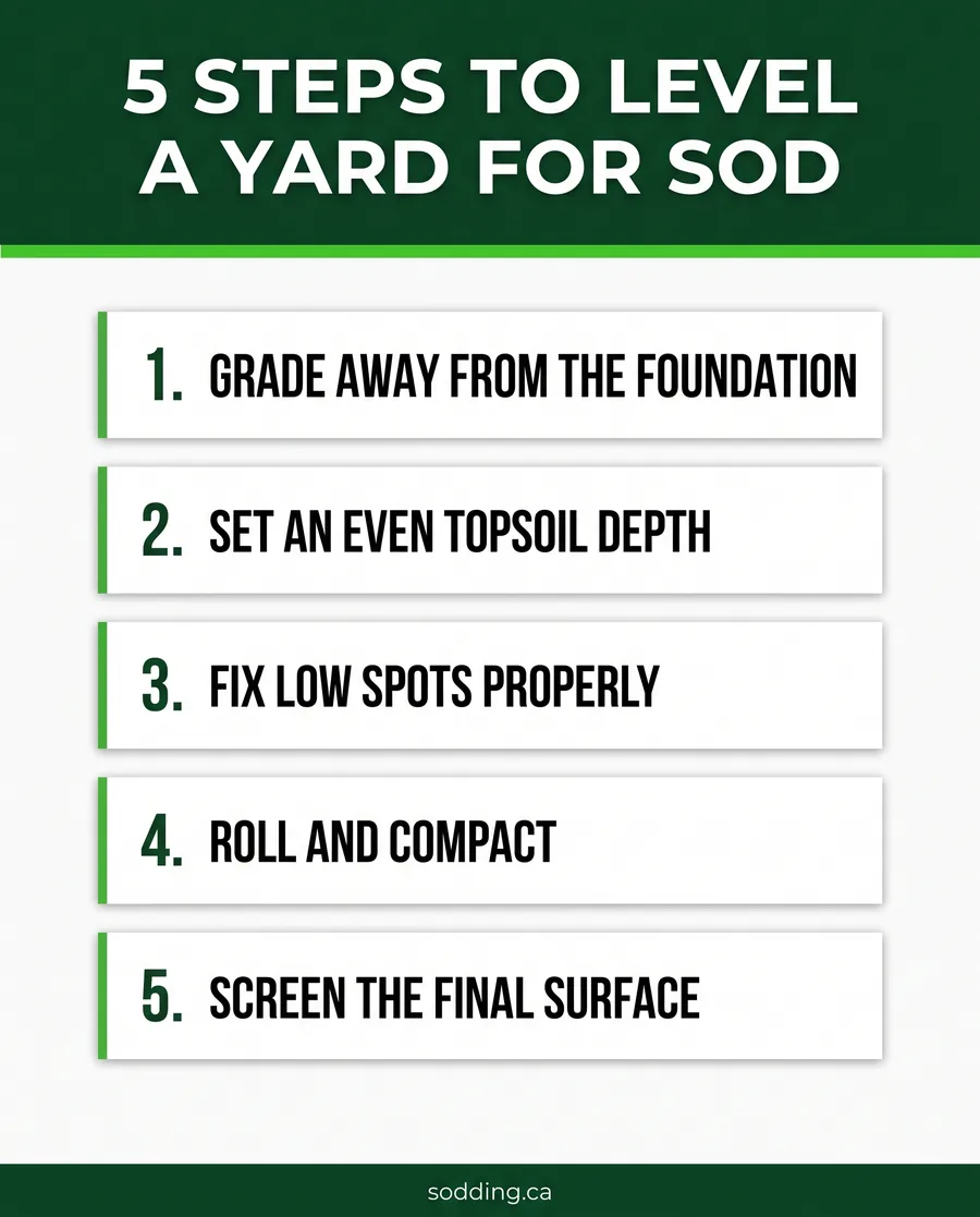 Card graphic showing the five steps to level an uneven yard for sod