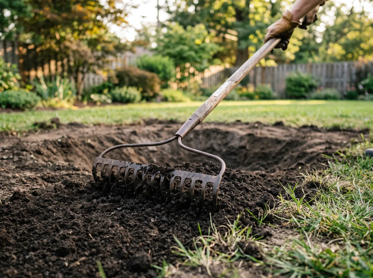 Homeowner using a rake to spread loose topsoil evenly across a shallow low spot in a backyard before sod installation