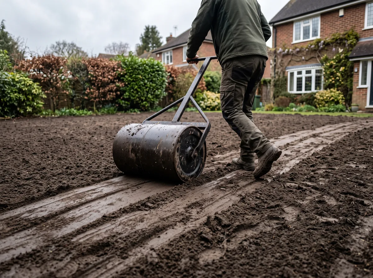 Lawn roller being pushed across freshly graded soil to compact it before the final screening pass