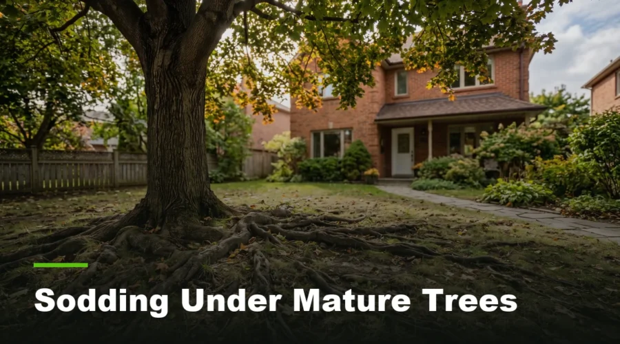 Thin patchy grass and exposed surface roots beneath a large mature maple in a residential garden