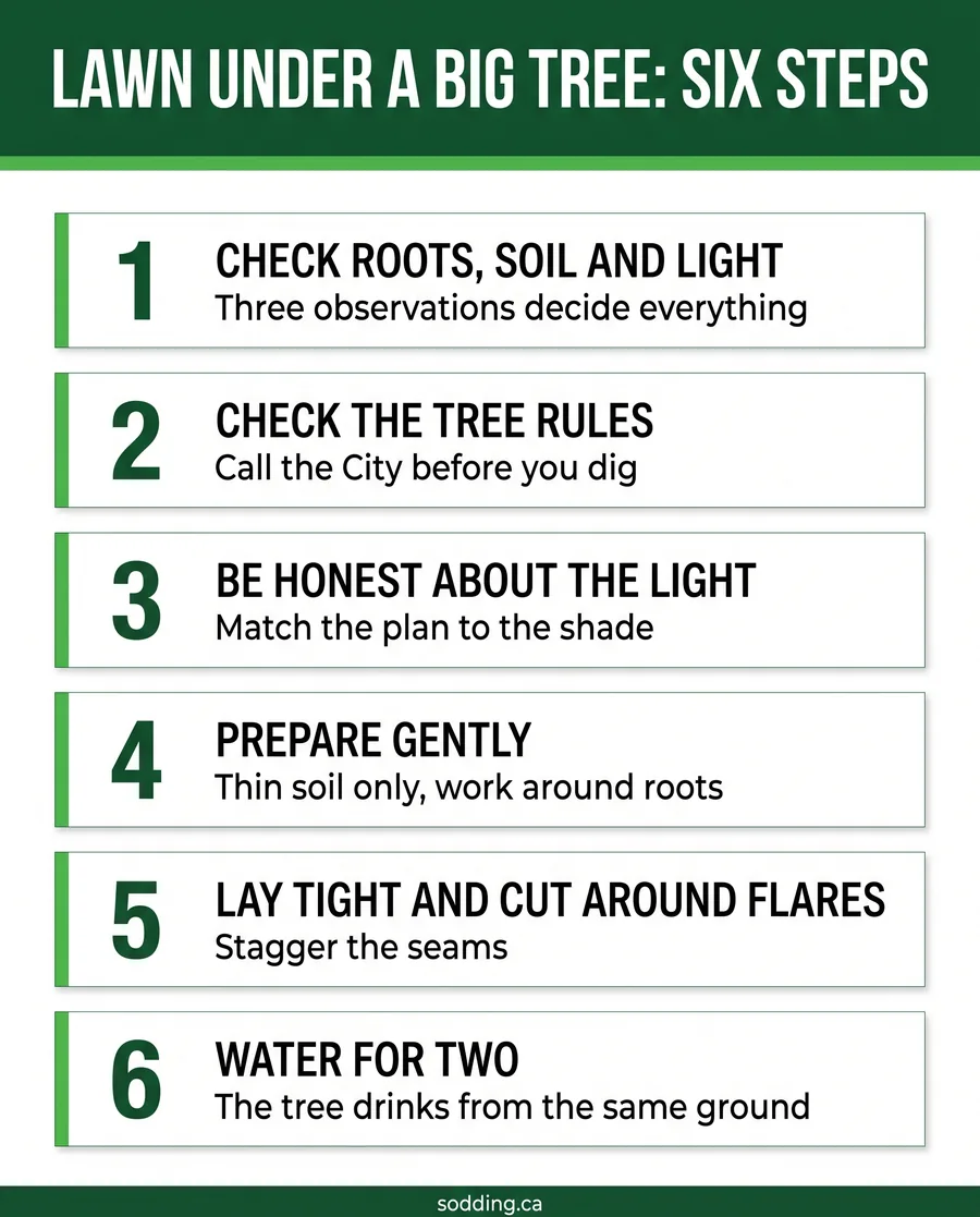 Step by step card graphic for laying sod beneath a mature tree from site assessment to watering