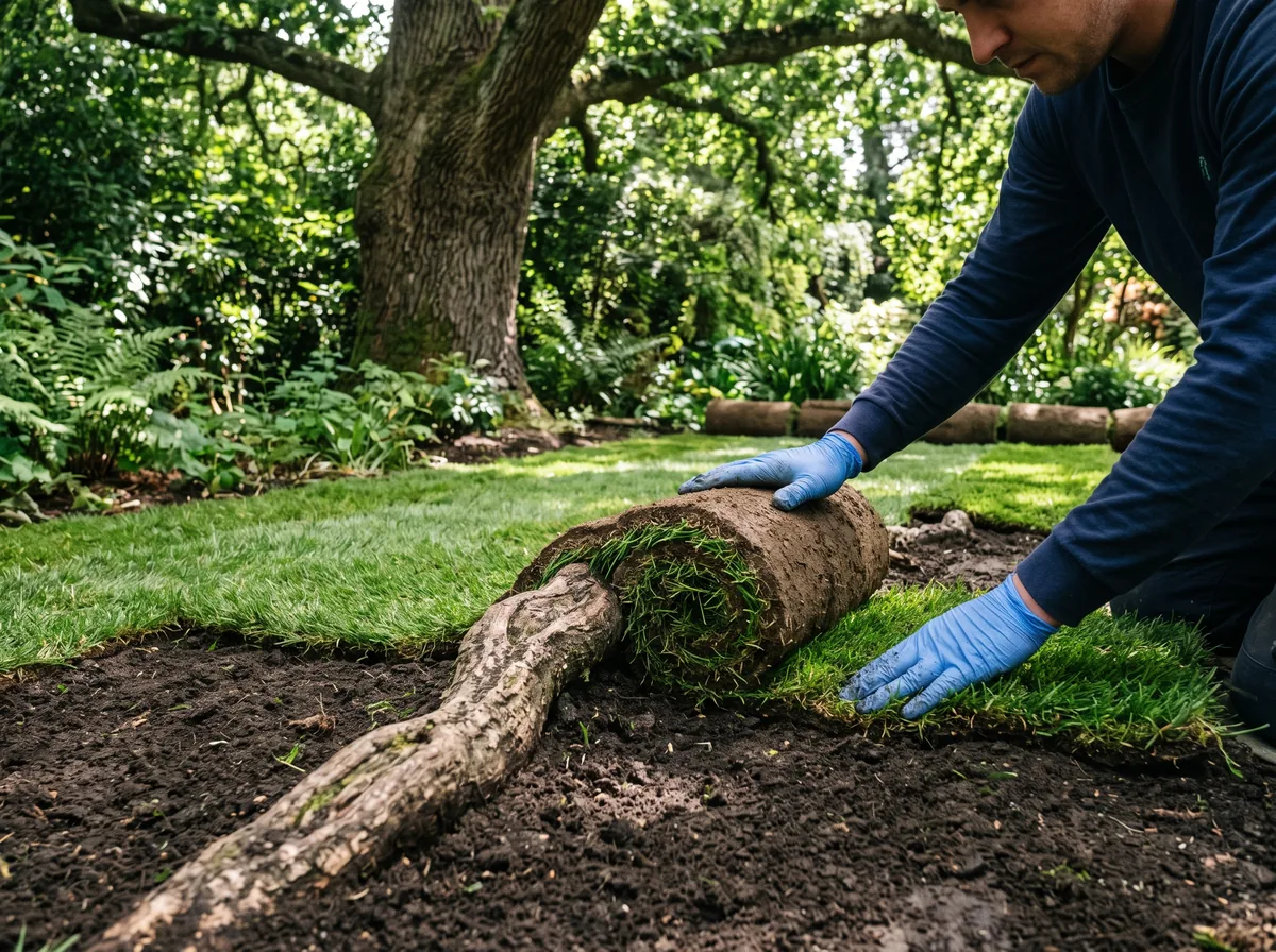Fresh sod being laid carefully around exposed tree roots beneath a large shade tree
