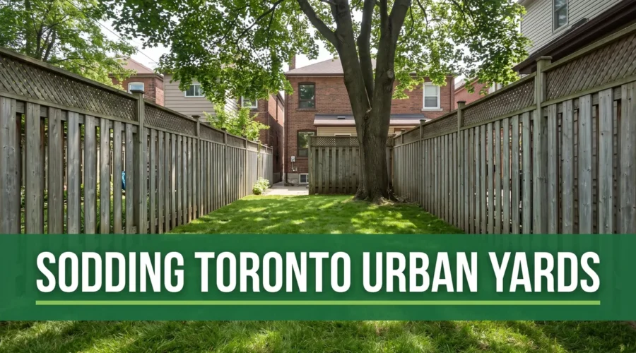 Narrow shaded Toronto backyard with fresh sod, illustrating the challenges of sodding Toronto yards
