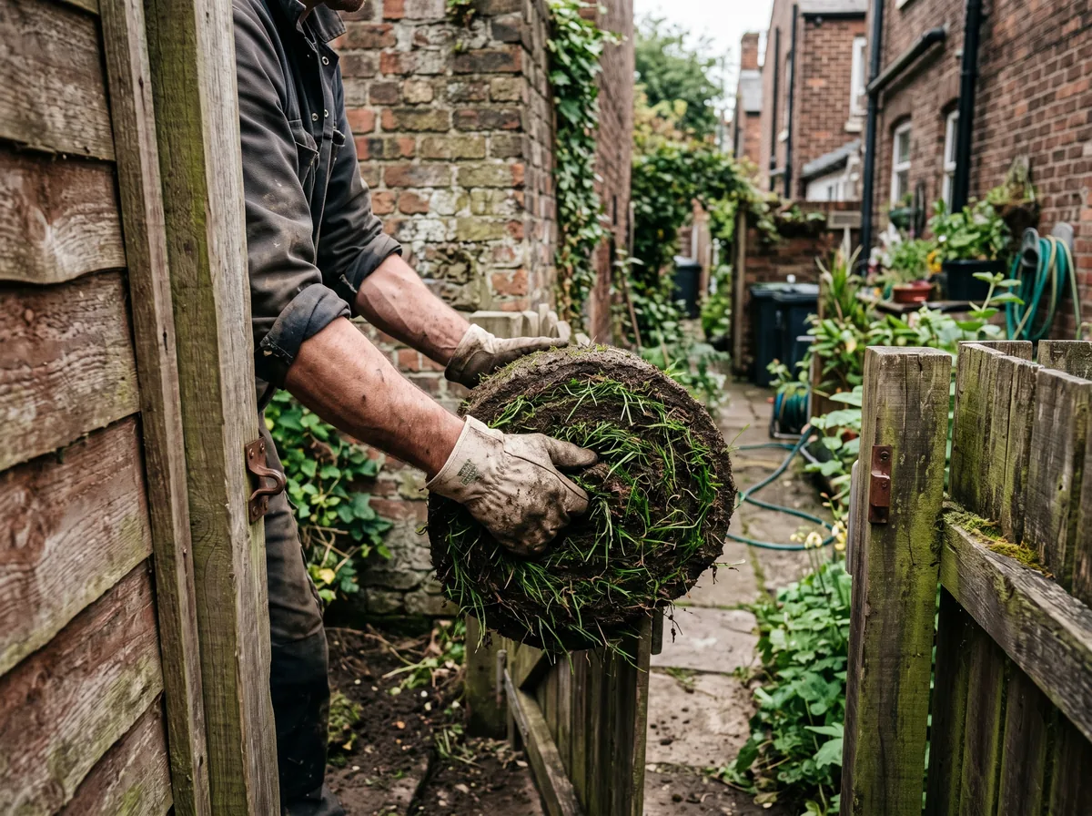 Rolled sod being carried through a narrow gate into a tight urban Toronto backyard